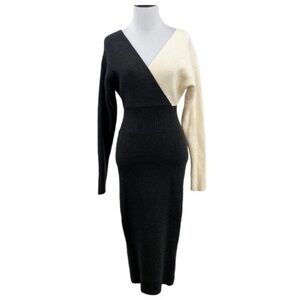 Express Sweater Dress Womens Sz Medium Gray Ivory Colorblock Bodycon Faux Wrap